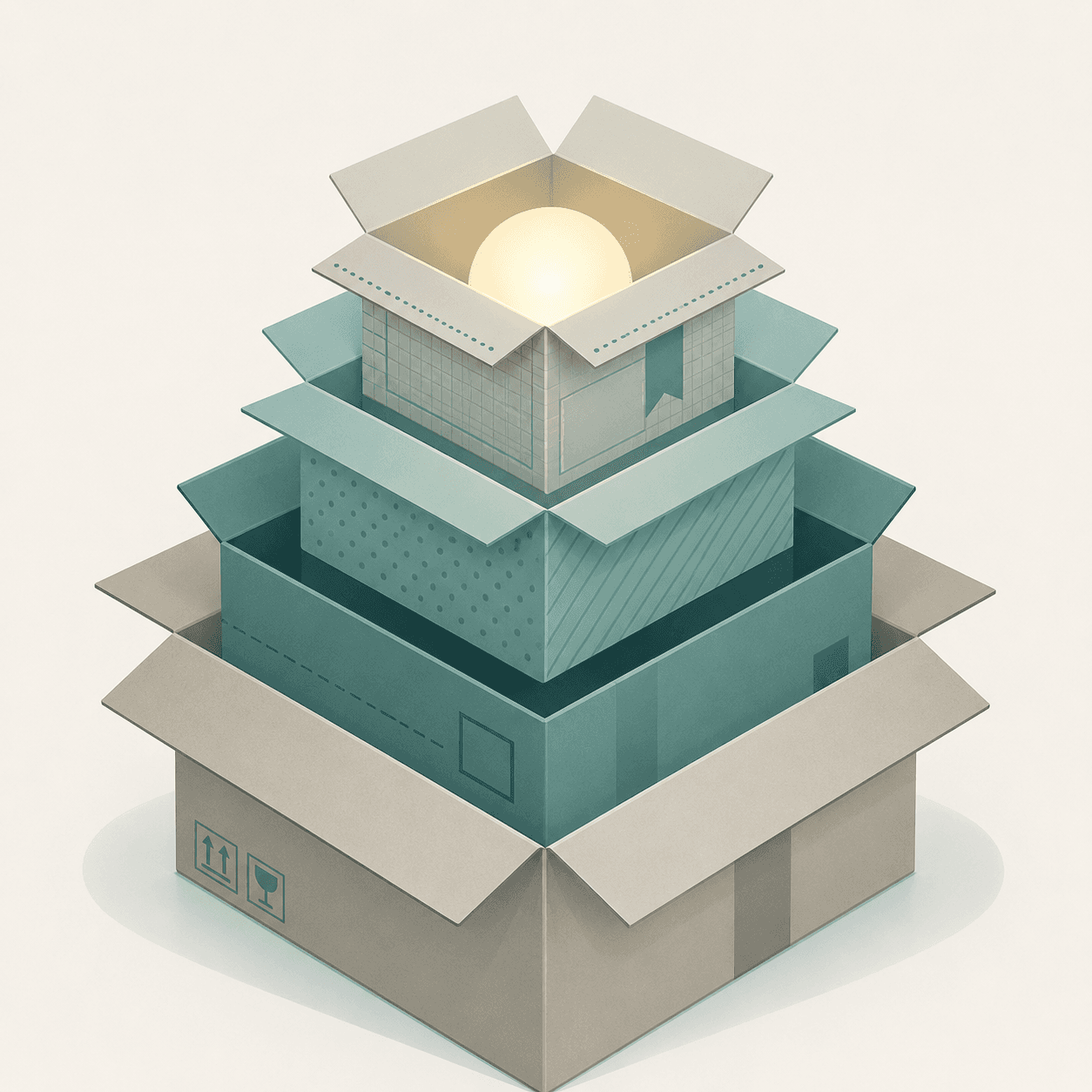 A stack of nested boxes being opened one layer at a time, with a glowing light at the very center