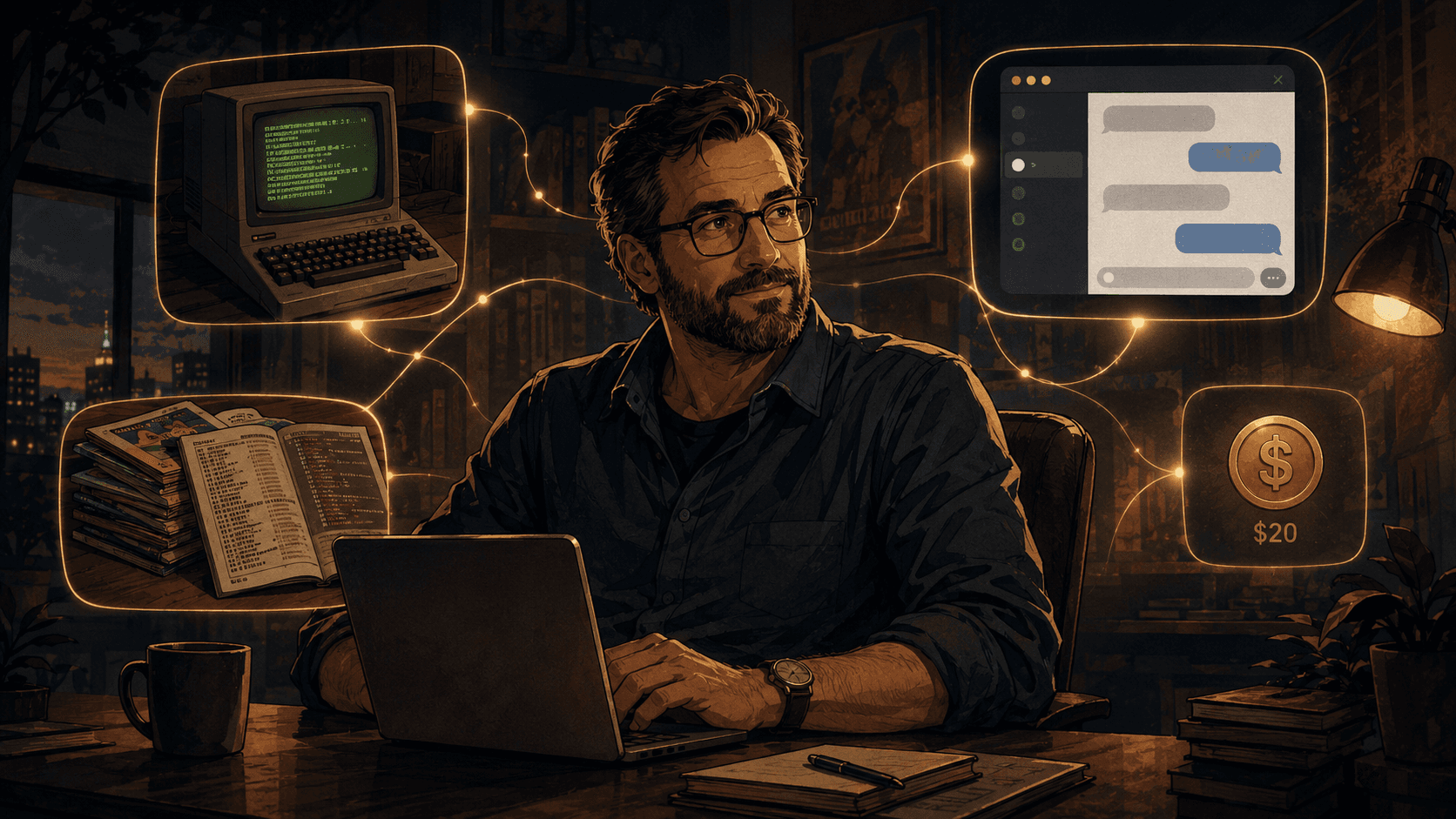 A man at his laptop with memories floating around him: an old computer, a printed code magazine, a chat window, and a $20 coin