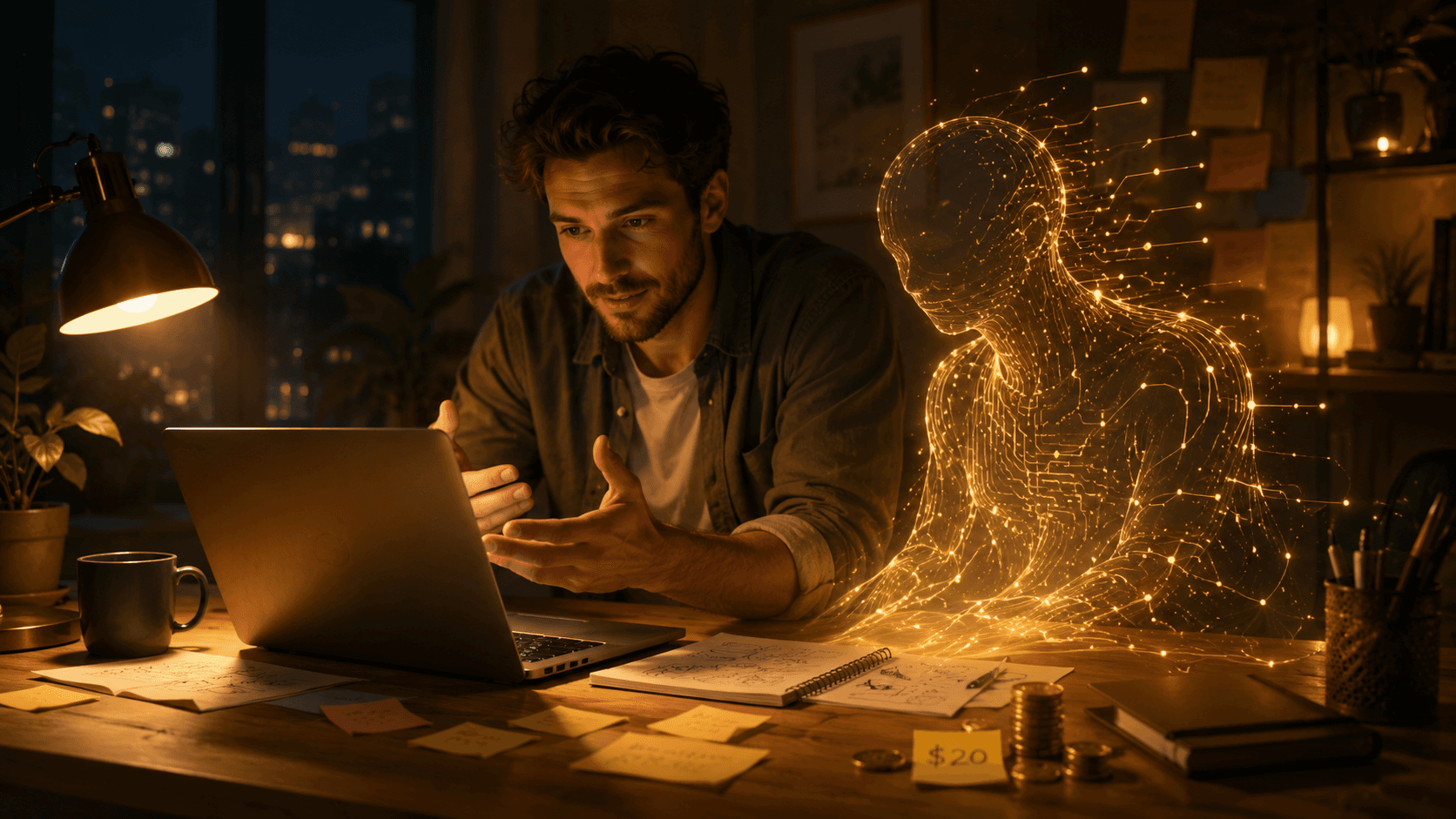A man talking with a glowing AI figure made of light and circuitry, sitting beside him at his desk, with a $20 bill among his notes