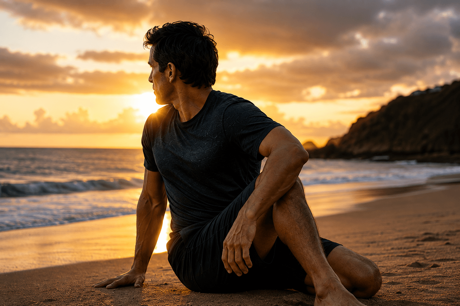 A man sitting on a beach at sunset, turned to look behind him over his shoulder