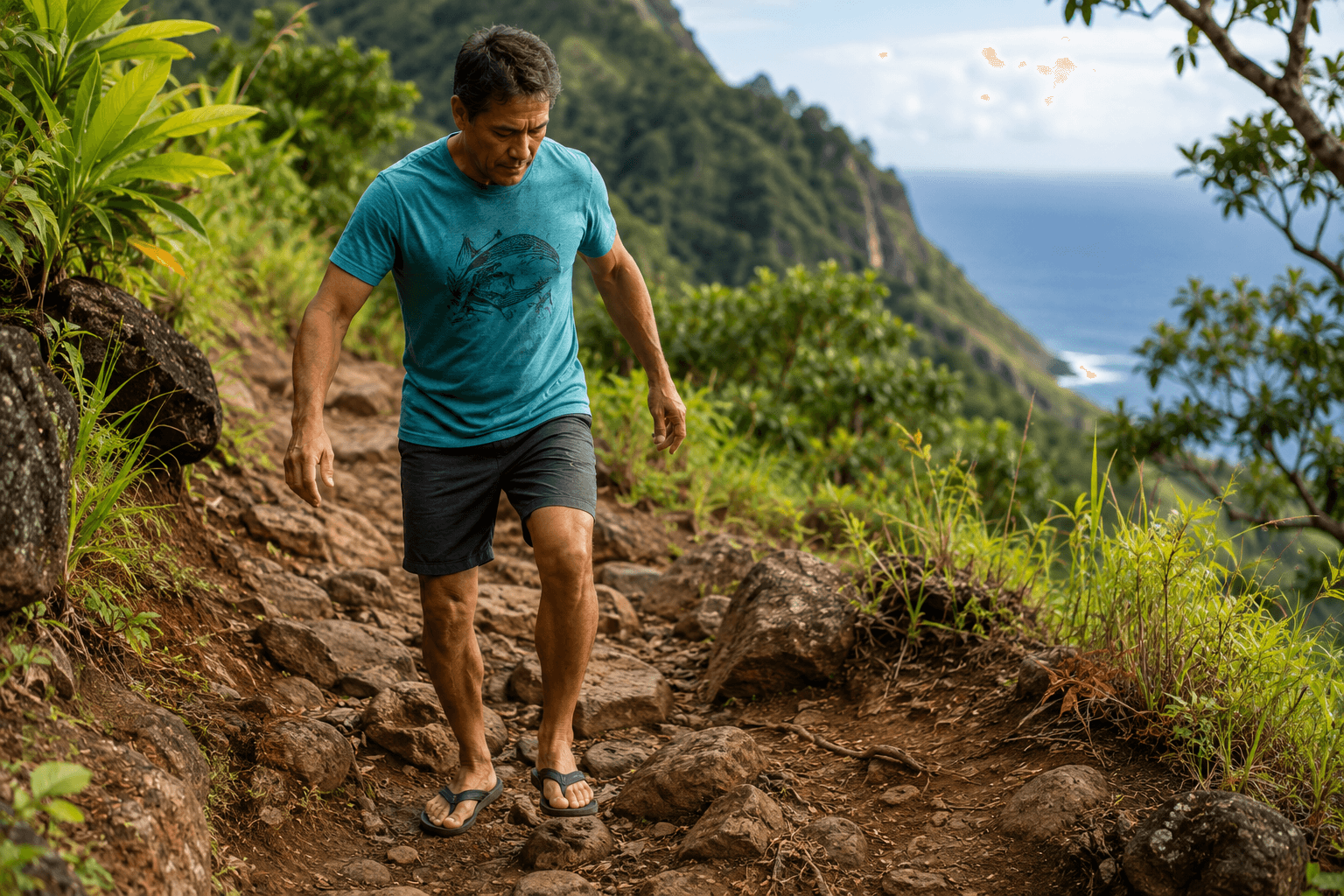 A man walking down a rocky mountain trail, watching his footing carefully with the ocean in the distance