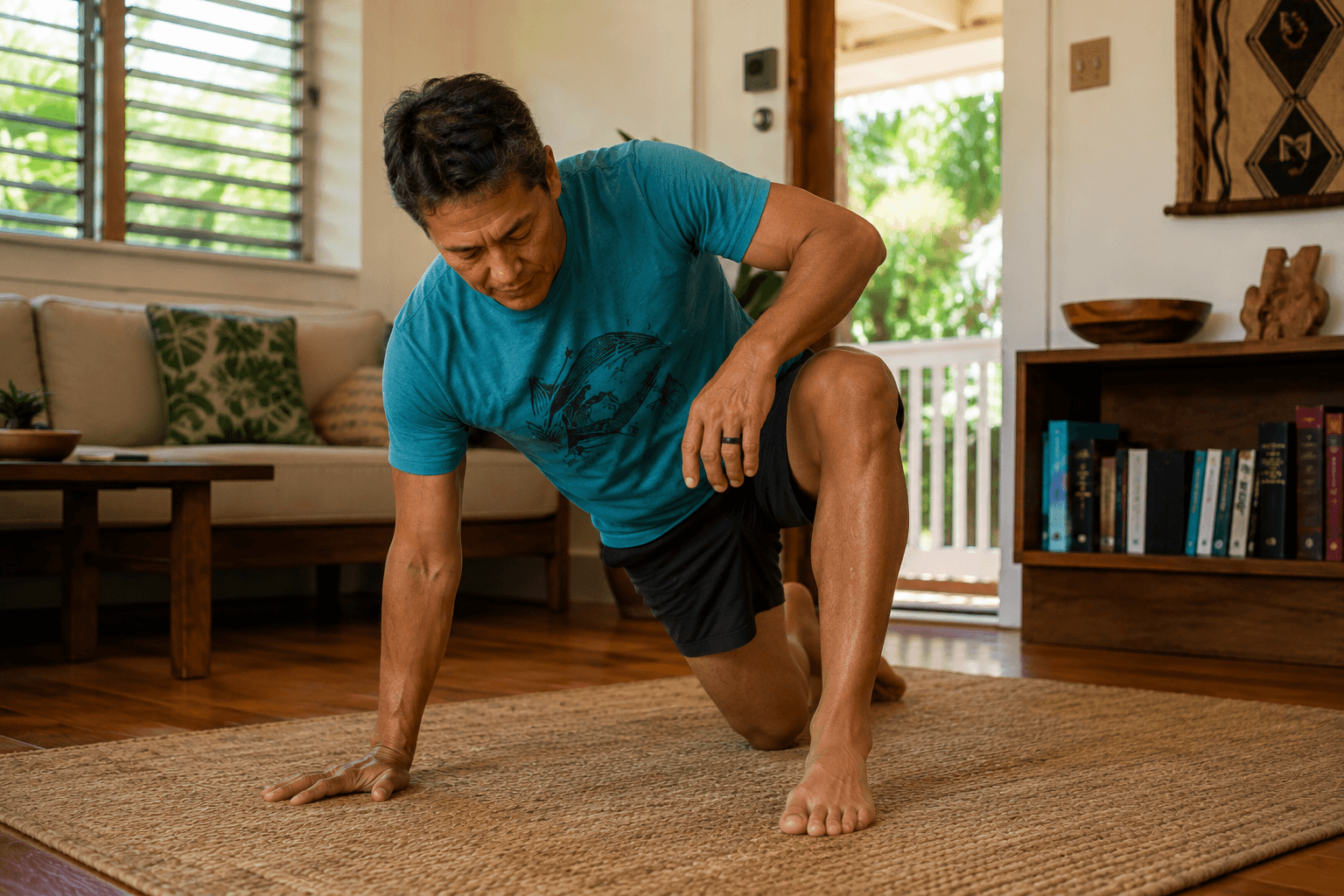 A man practicing a slow, controlled kneeling lunge stretch on a mat at home