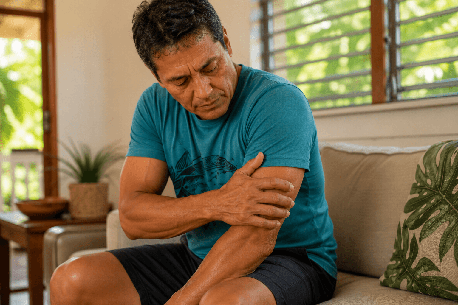 A man sitting on a couch, holding and checking in with his own shoulder and upper arm