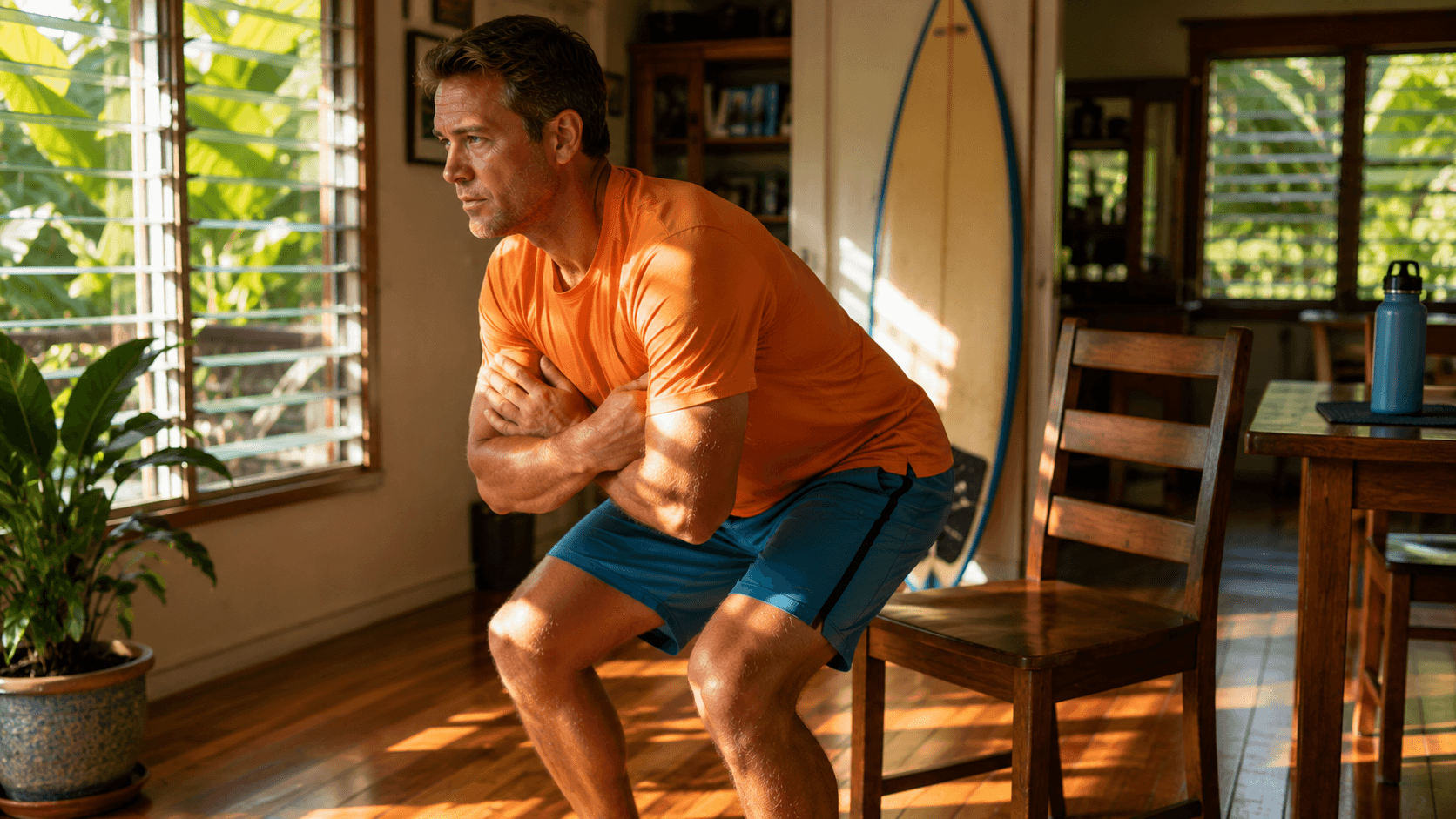 Local Hawaii man, late 40s, standing fully upright from a plain dining chair, arms crossed over his chest, caught in the moment of transition — halfway between sitting and standing, weight forward through his feet, strong and deliberate. Warm morning light through jalousie windows.