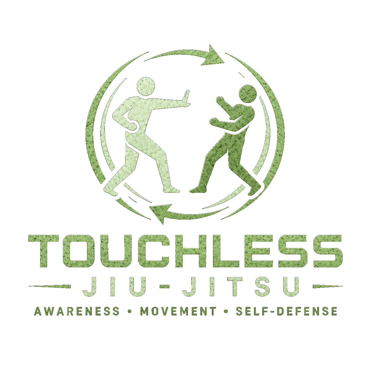 Touchless Jiu-Jitsu logo: two figures circling within a ring of arrows, with the tagline Awareness, Movement, Self-Defense