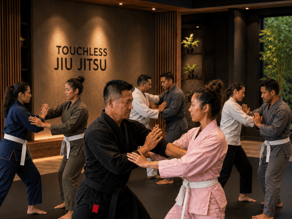 A group of practitioners in a Touchless Jiu-Jitsu studio practicing cooperative pushing-hands drills in pairs, with Touchless Jiu Jitsu lettered on the wall behind them